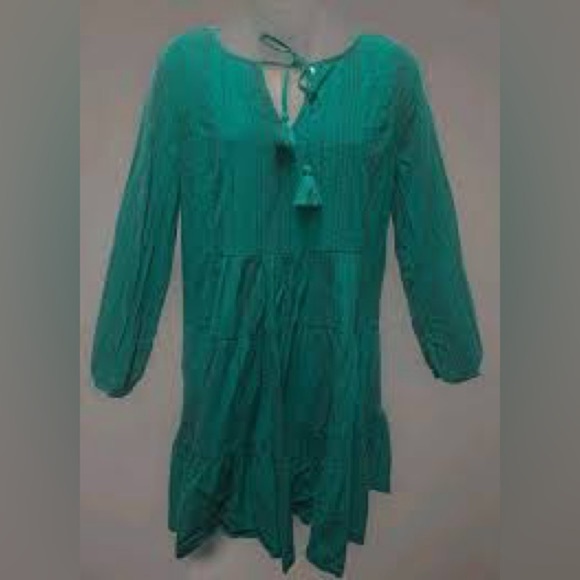 Crown & Ivy forest green,boho,poet sleeve, loose,flowy,layered ruffle skirtSZ-PM - Picture 3 of 10